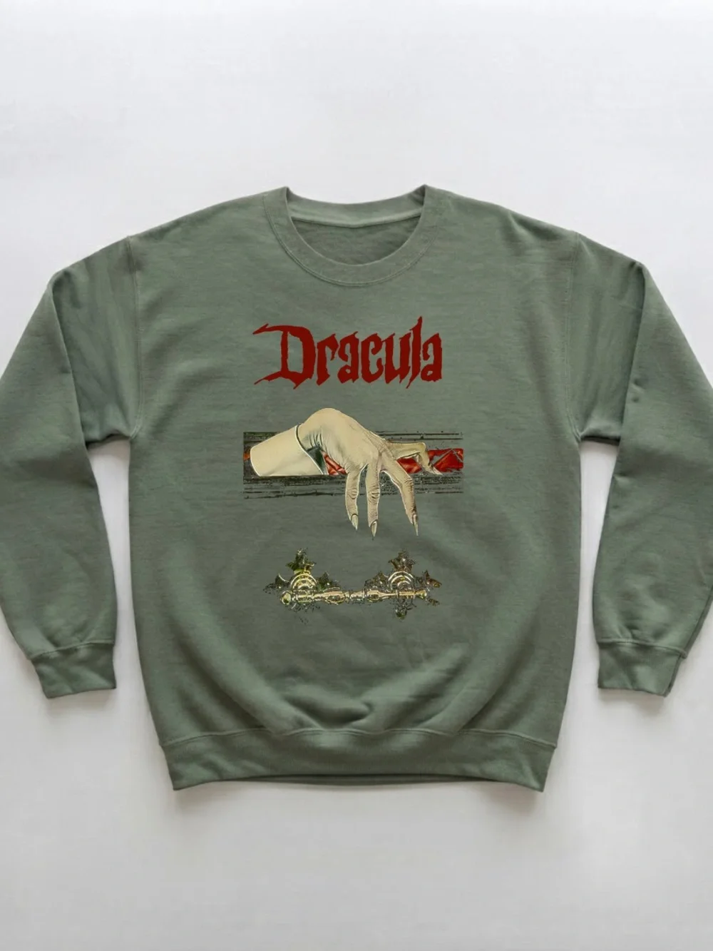 Military Green Dracula Graphic Sweatshirt with Red and Cream Art